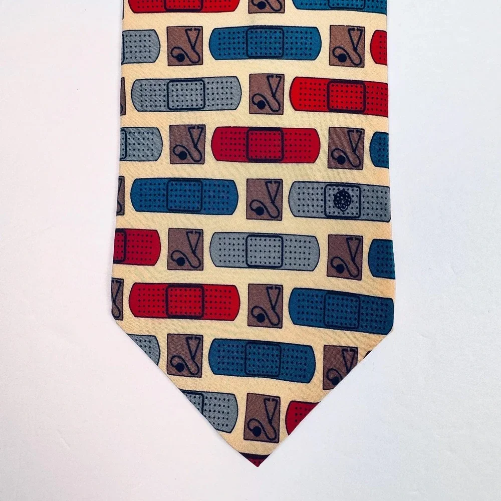 Vicky Davis Tie Silk Necktie Medical Bandage Print Novelty Cream Red Blue Doctor